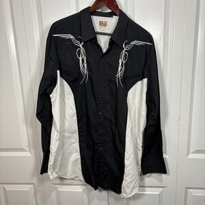 ELY Cattleman XXL Black White Embroidered Western Cowboy Snap Shirt Men’s